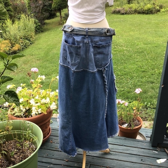 Boho up-cycled denim patch distressed jean maxi skirt / Lee 16 adjustabl… - Picture 6 of 13